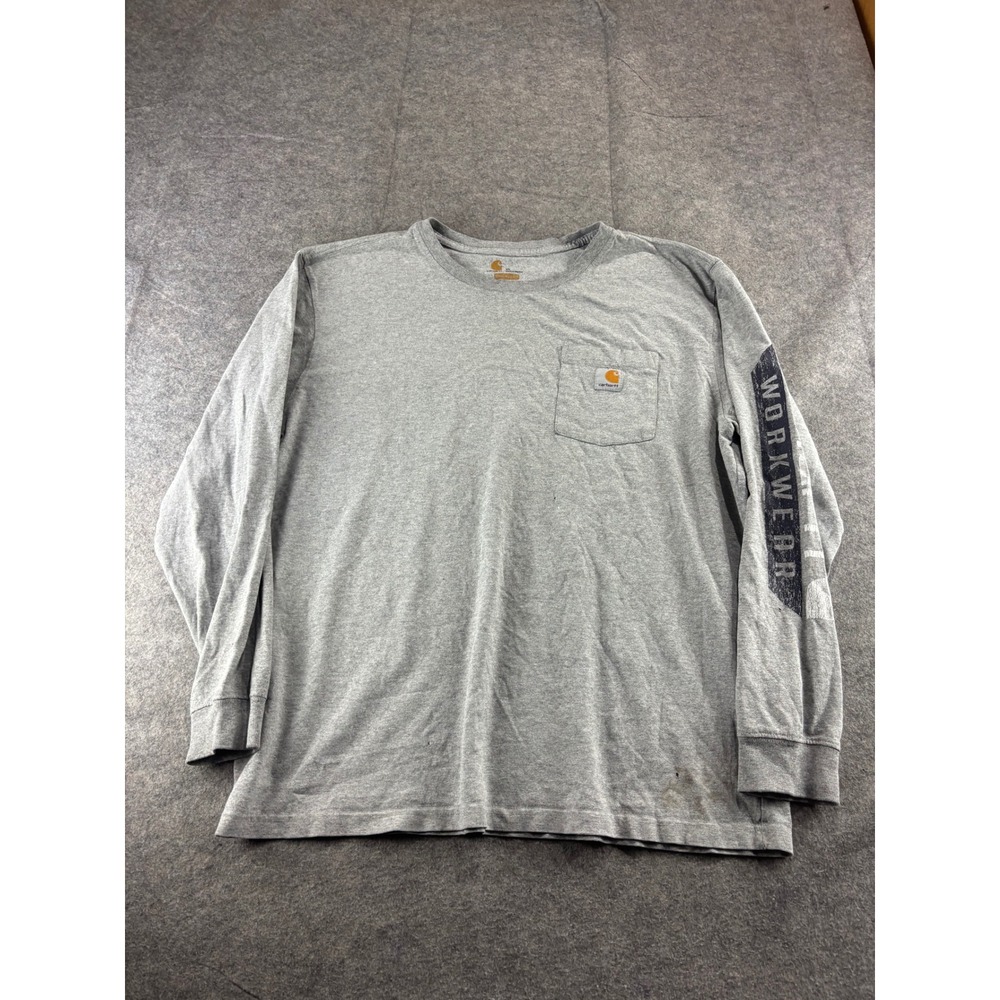 Carhartt Mens XL Gray Long Sleeve Pocket T-Shirt Workwear Graphic Logo Thrashed